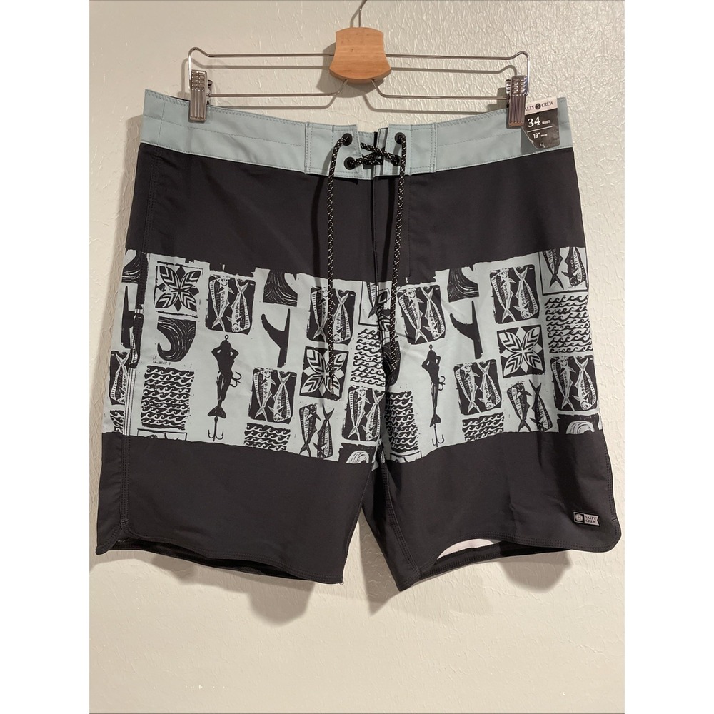 Men's Salty Crew 19" Quick Dry Multi Stretch Fish BlackBoard Shorts Swim Sz‎ 34